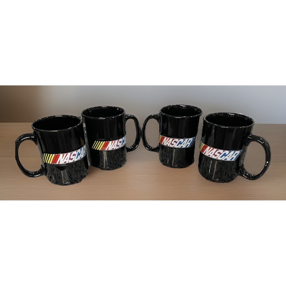 Set‎ of 4 Nascar 2003 Black Coffee Mug Cup Raised Logo 14oz Ceramic